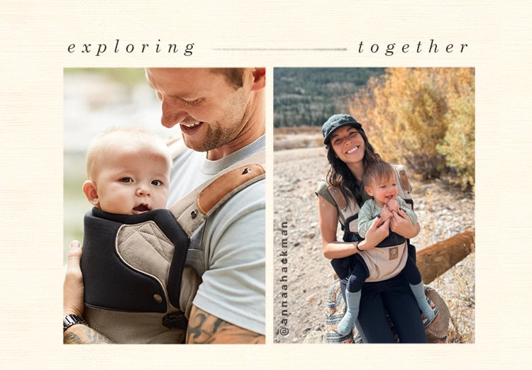exploring together. dad wearing baby in elevate carrier in warm sand on the left image. right image shows mom wearing baby in the elevate carrier in warm sand. image from @annaahackman