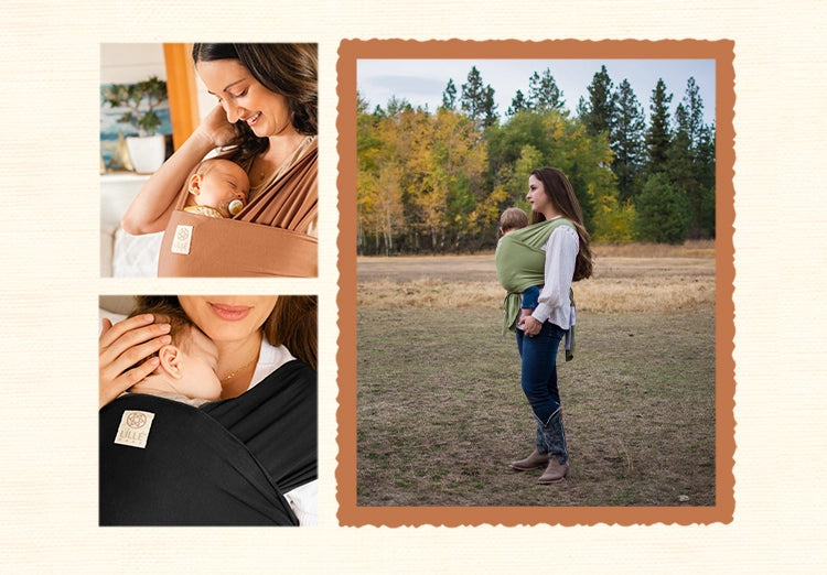3 different images of moms wearing baby in the dragonfly wrap in butterscotch, black, and moss