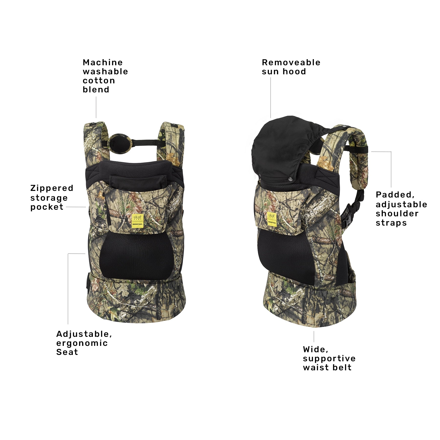 the carryon airflow dlx is a machine washable cotton blend, has a zippered storage pocket, adjustable ergonomic seat, removeable sun hood, padded adjustable shoulder straps, and wide supportive waist belt