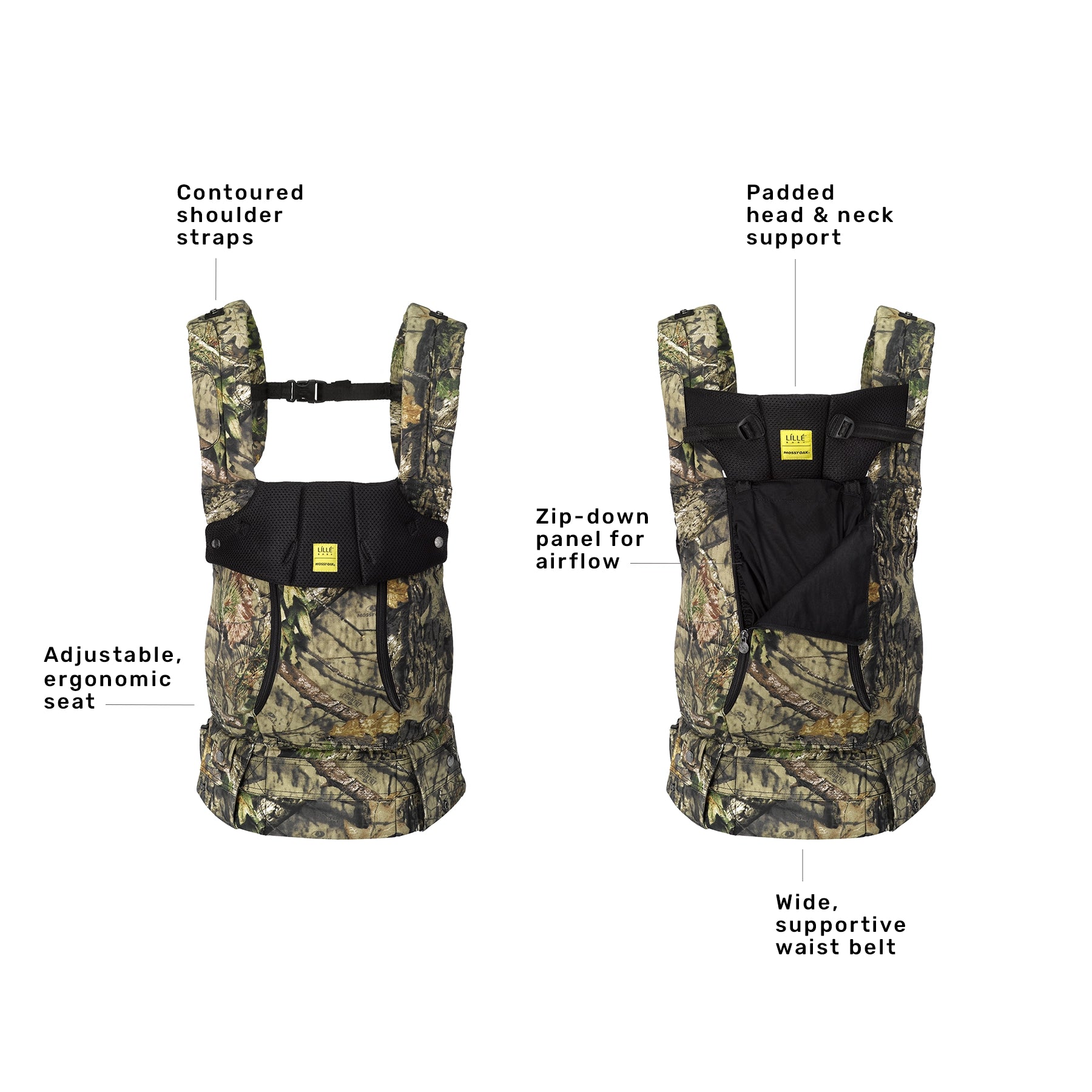 complete 6-in-1 all seasons has contoured shoulder straps, adjustable ergonomic seat, padded head & neck support, zip-down panel for airflow, and wide supportive waist belr