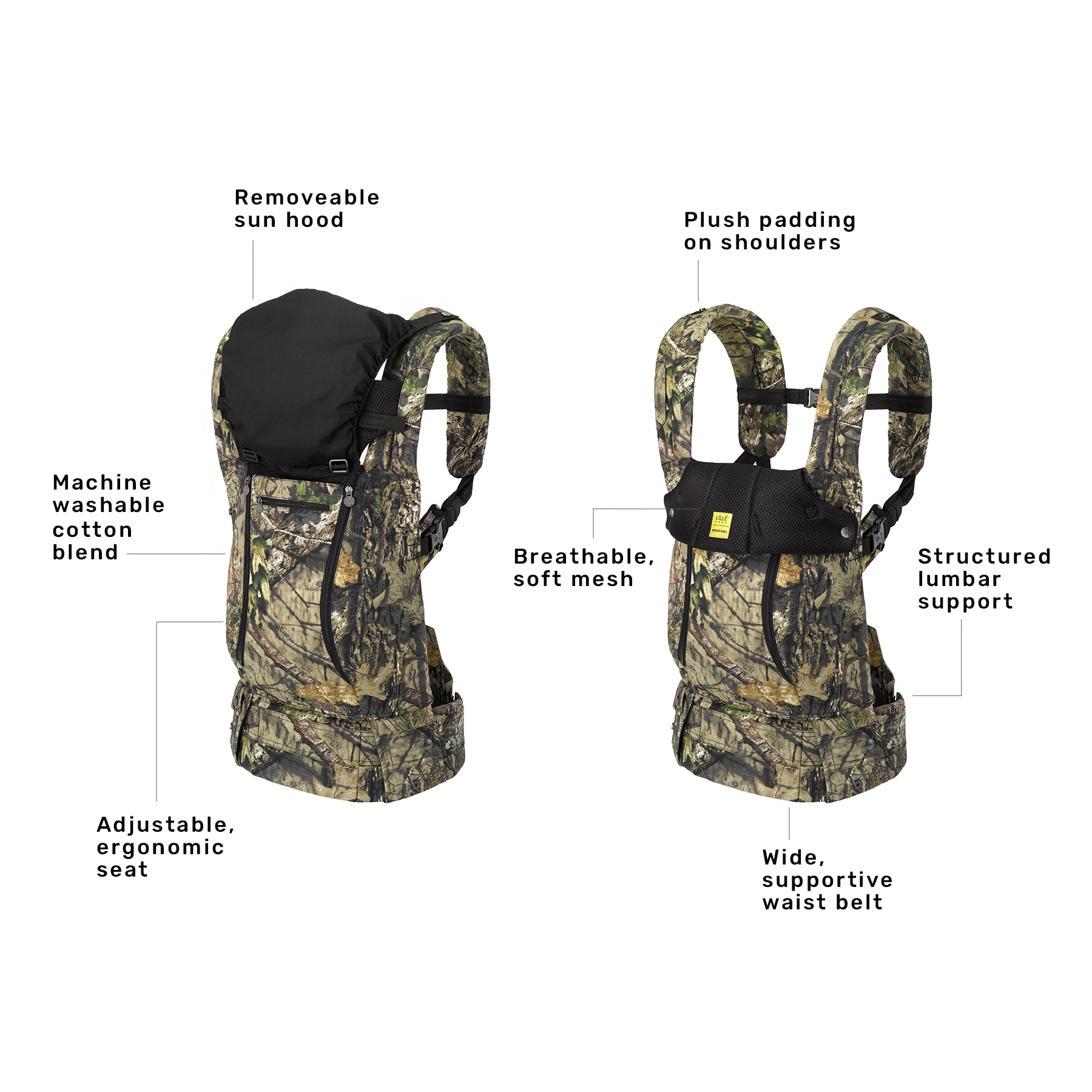 complete 6-in-1 all seasons has contoured shoulder straps, adjustable ergonomic seat, padded head & neck support, zip-down panel for airflow, and wide supportive waist belt