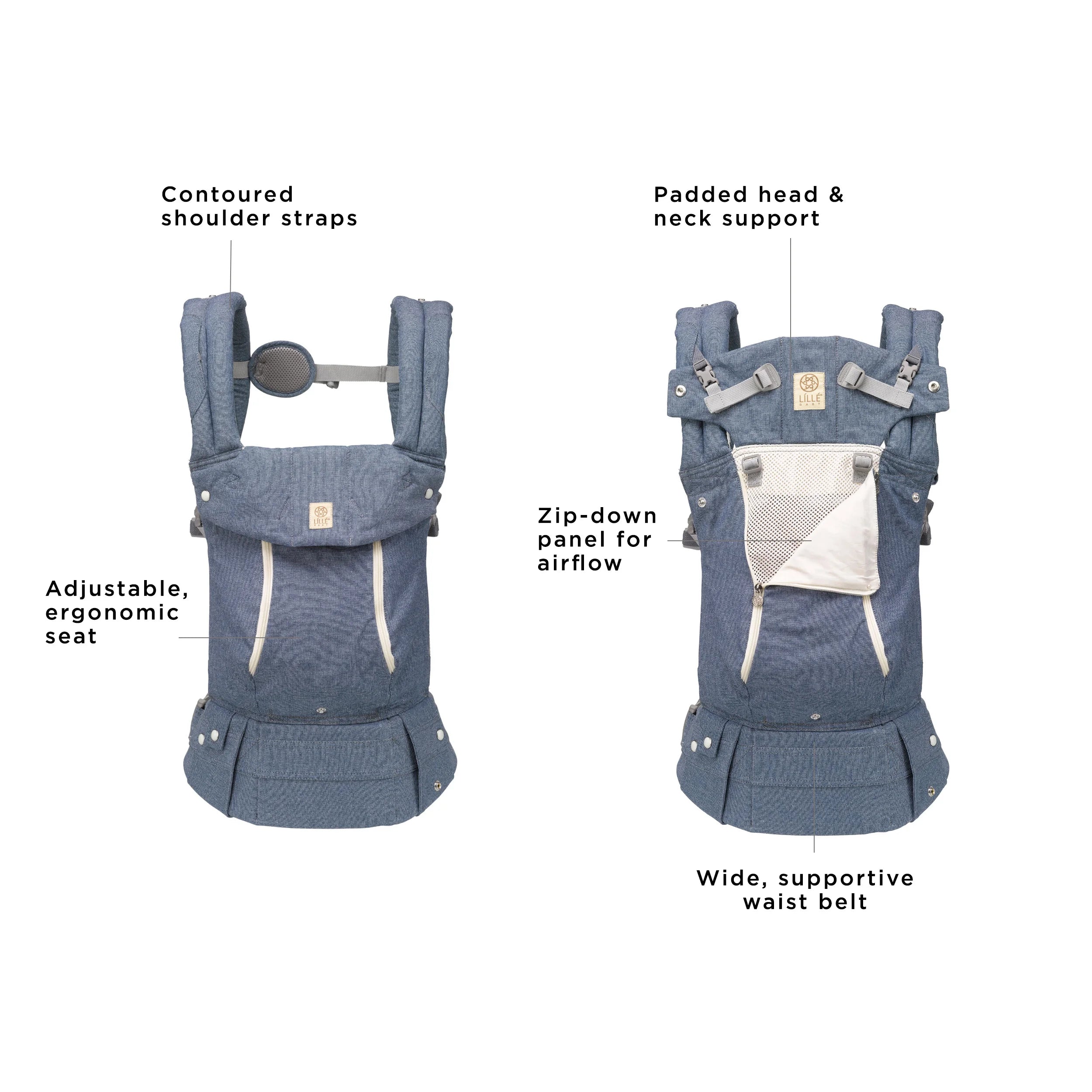 complete 6-in-1 all seasons has contoured shoulder straps, adjustable ergonomic seat, padded head & neck support, zip-down panel for airflow, and wide supportive waist belr