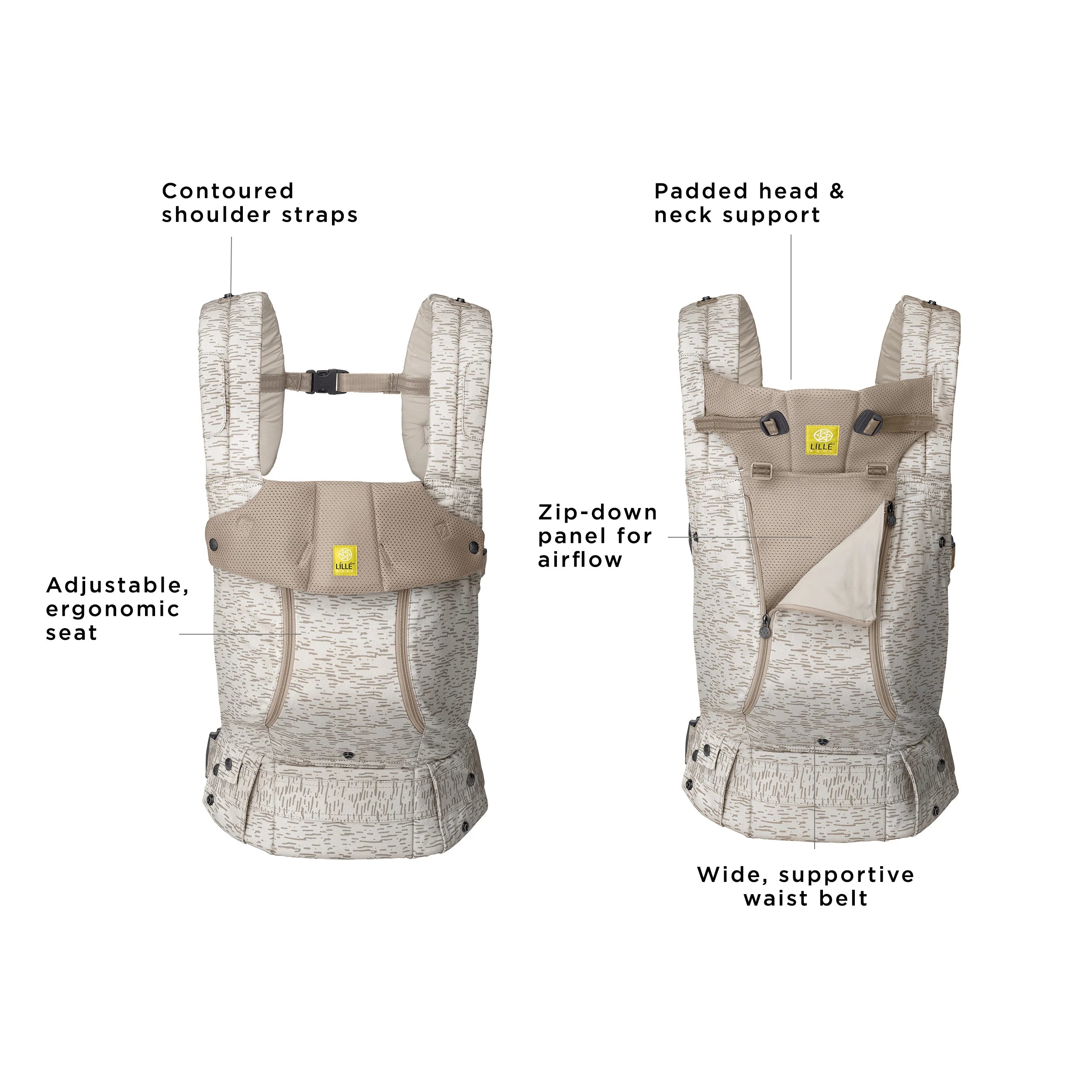 complete 6-in-1 all seasons has contoured shoulder straps, adjustable ergonomic seat, padded head & neck support, zip-down panel for airflow, and wide supportive waist belr