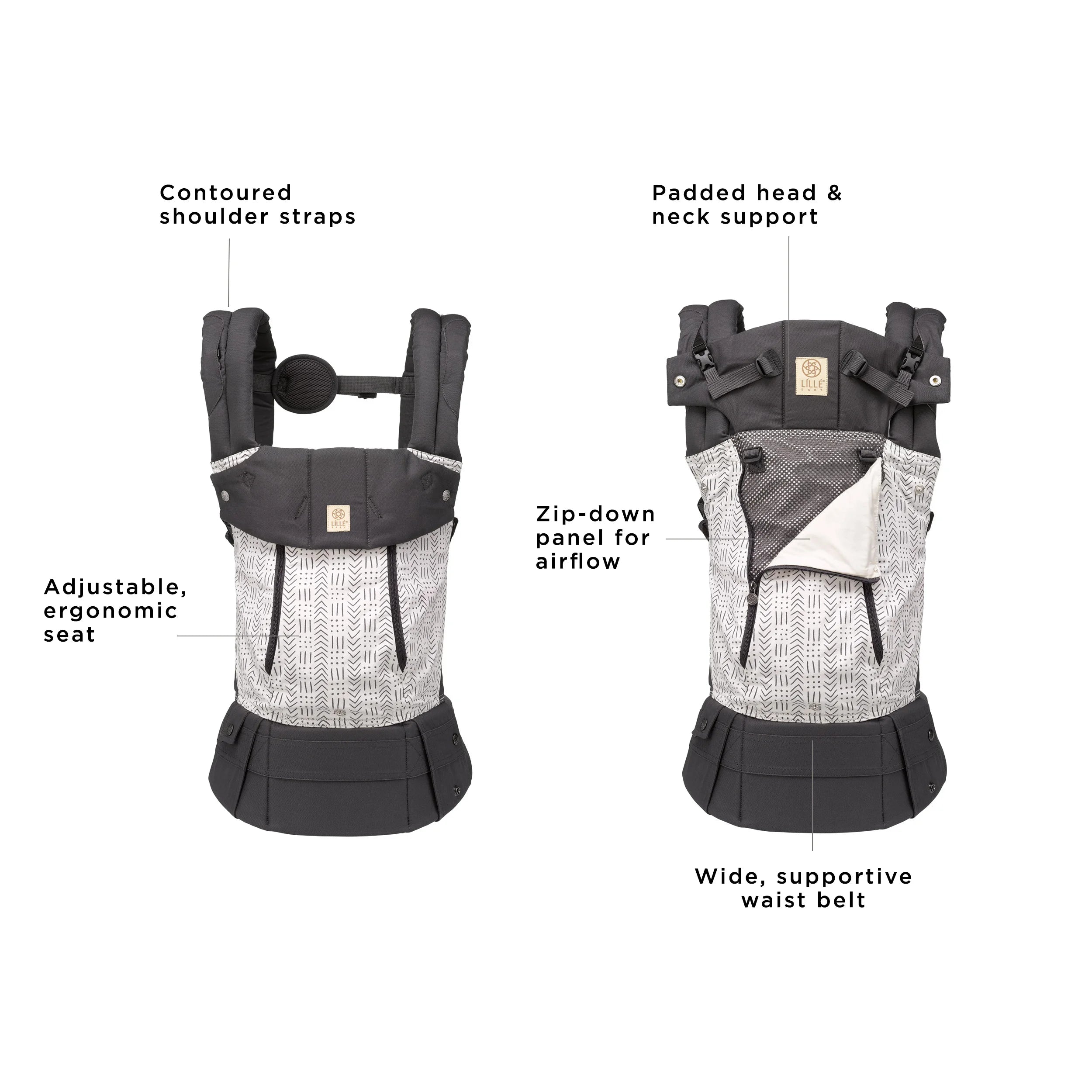 complete 6-in-1 all seasons has contoured shoulder straps, adjustable ergonomic seat, padded head & neck support, zip-down panel for airflow, and wide supportive waist belr