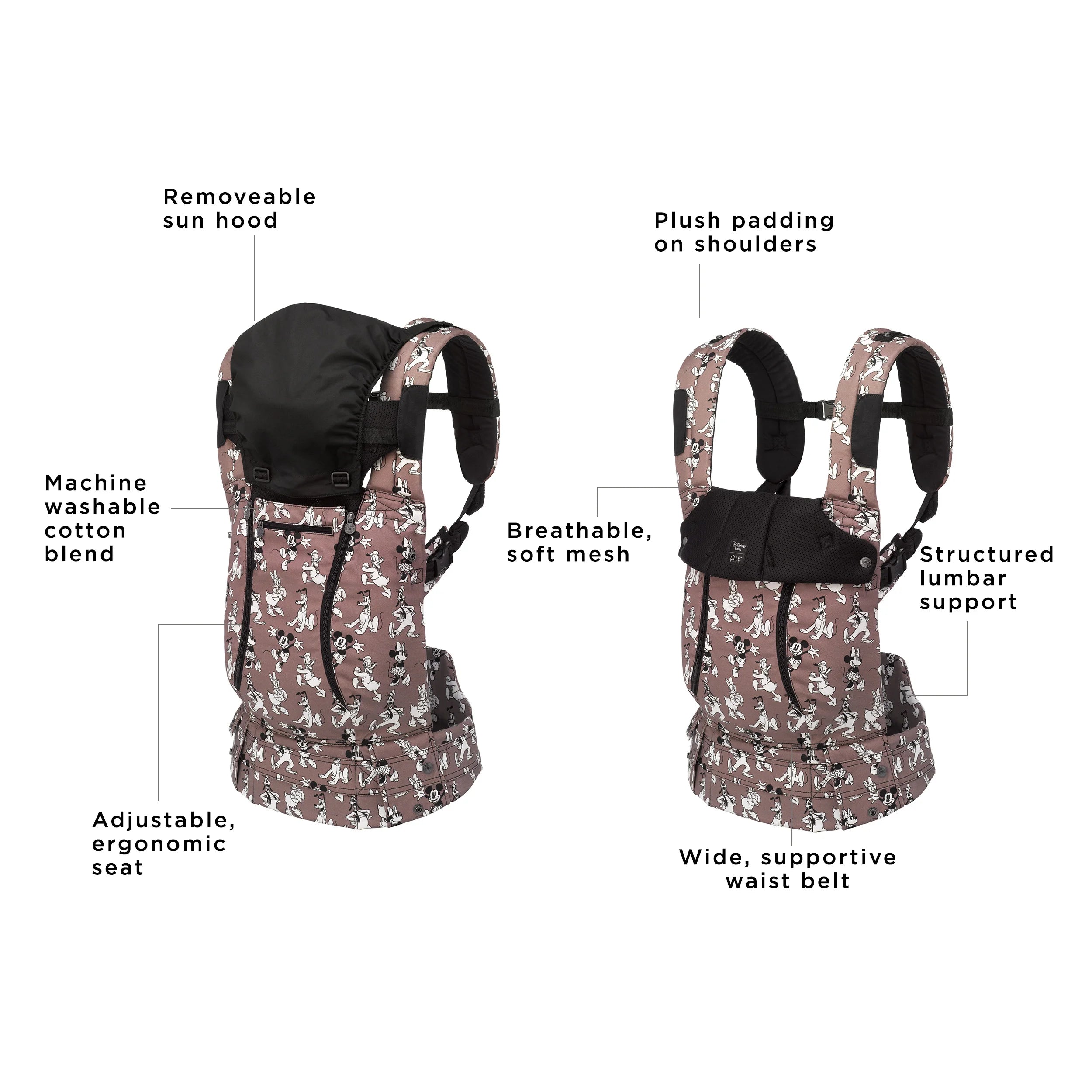 complete all seasons has a removeable sun hood, machine washable cotton blend, adjustable ergonomic seat, plush padding on shoulders, breathable soft mesh, structured lumbar support, wide supportive waist belt