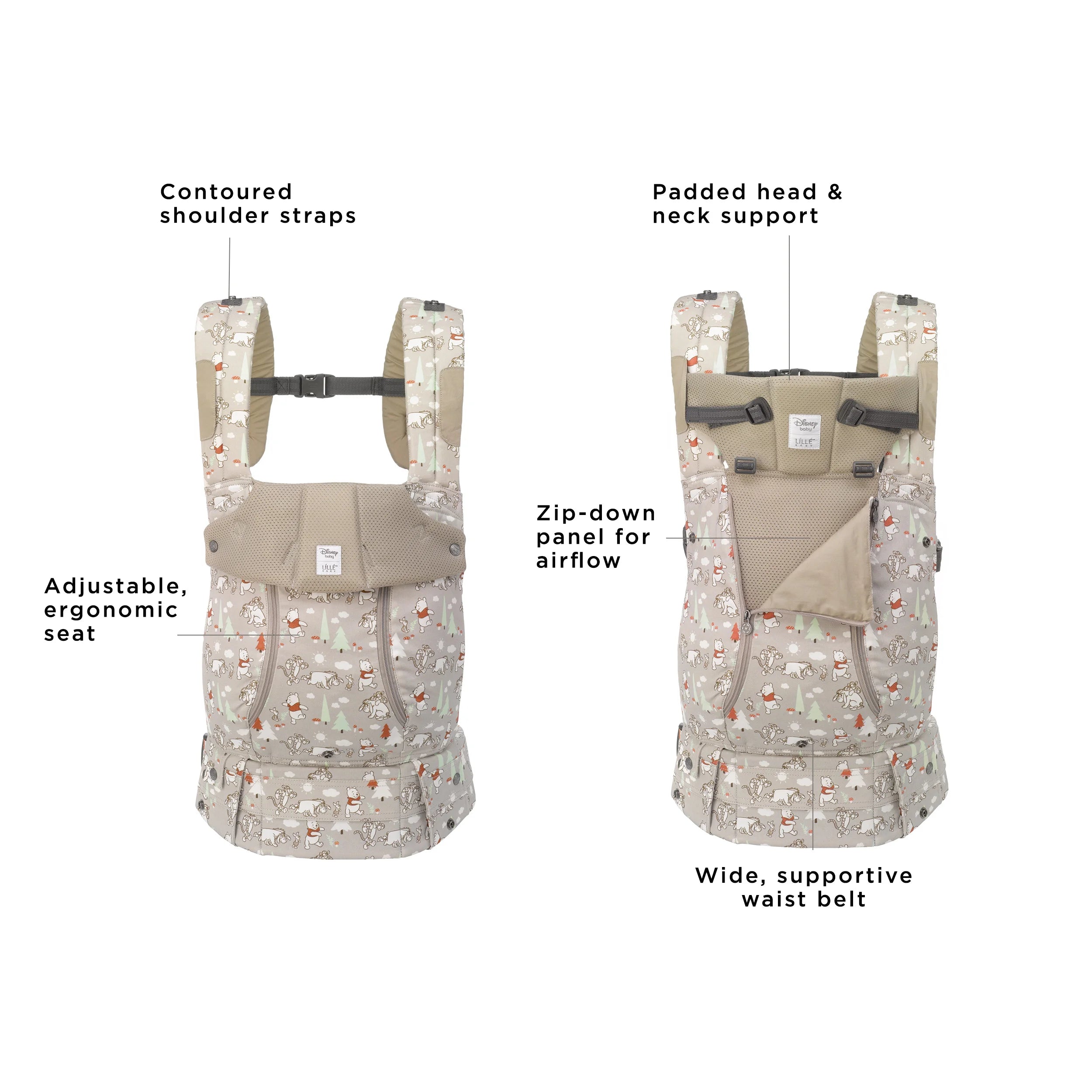 complete 6-in-1 all seasons has contoured shoulder straps, adjustable ergonomic seat, padded head & neck support, zip-down panel for airflow, and wide supportive waist belr