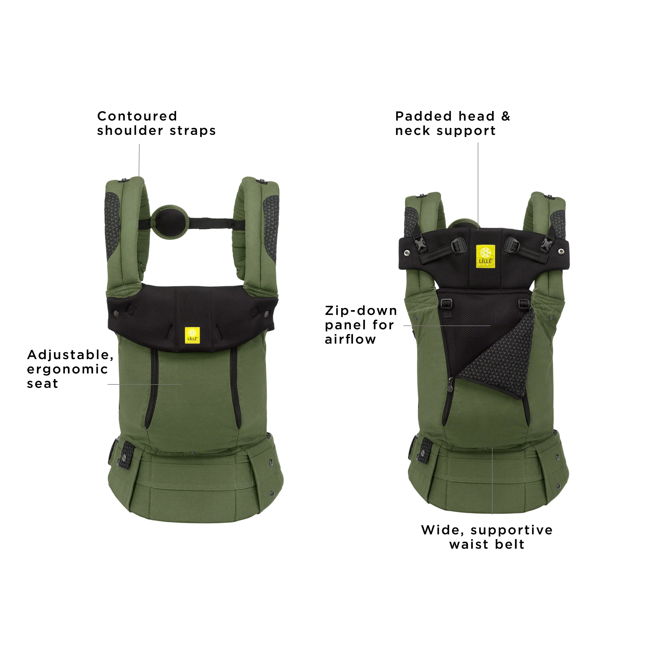 complete 6-in-1 all seasons has contoured shoulder straps, adjustable ergonomic seat, padded head & neck support, zip-down panel for airflow, and wide supportive waist belr