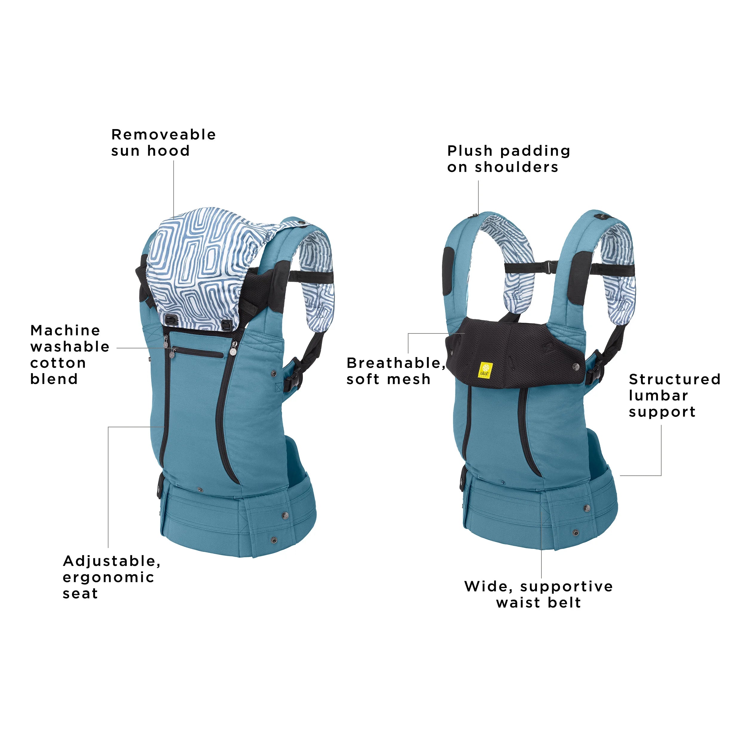 complete all seasons has a removeable sun hood, machine washable cotton blend, adjustable ergonomic seat, plush padding on shoulders, breathable soft mesh, structured lumbar support, wide supportive waist belt
