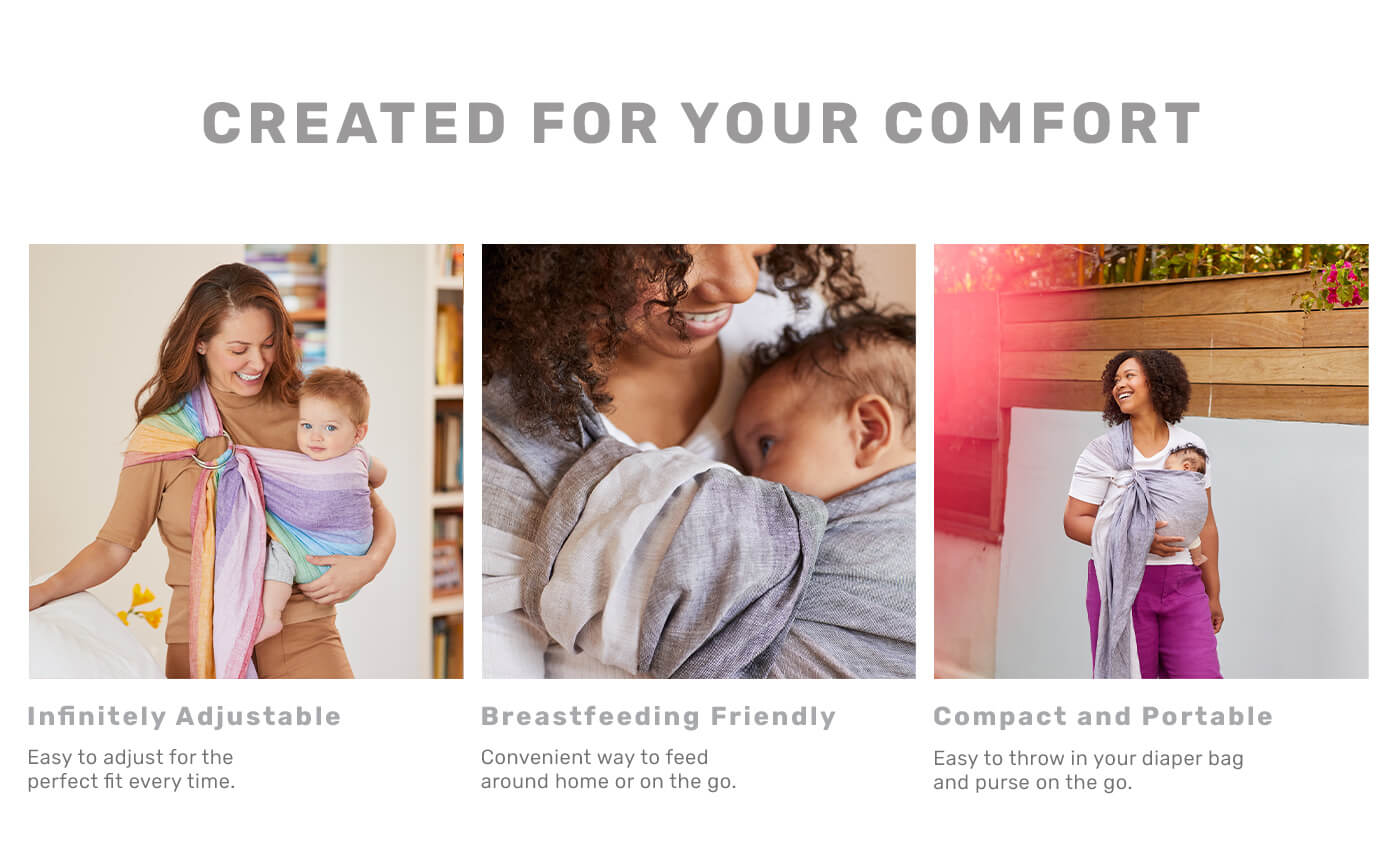 created for your comfort: infinitely adjustable, breastfeeding friendly, elegant and packable