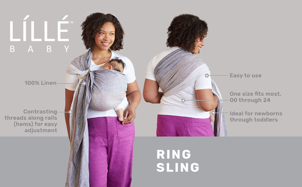 what we love about ring sling: 100% linen, easy to use, one size fits most 00 through 24, ideal for newborn thru toddler, contrasting hem along threads and rails for easy adjustment