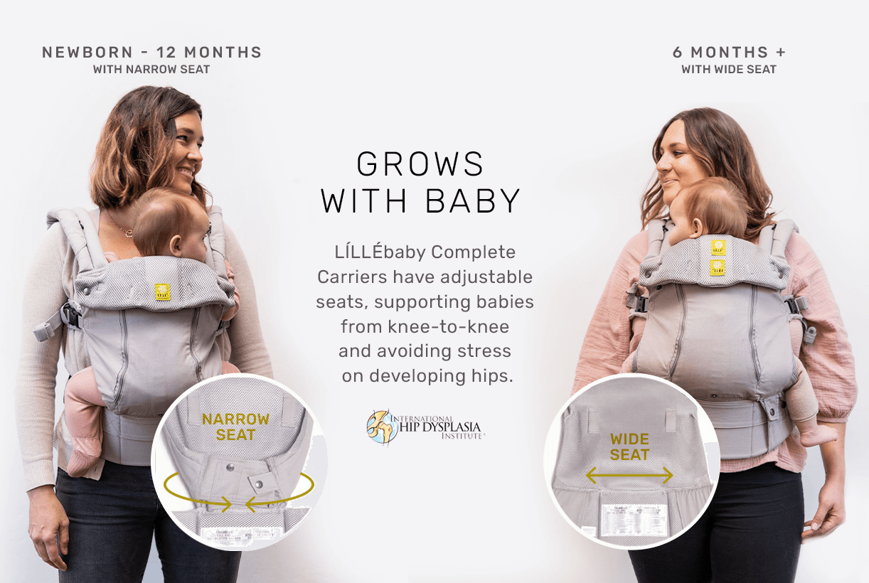 LILLEbaby complete carriers have adjustable seats, supporting babies from knee-to-knee and avoiding stress on developing hips