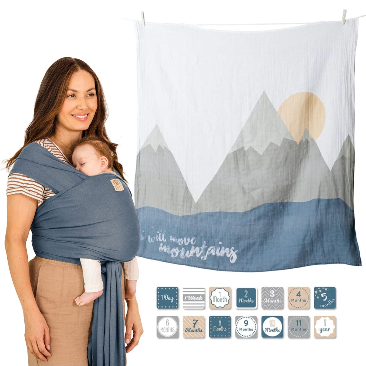 Bundle image of mom wearing baby in lillebaby's dragonfly wrap in bluestone featuring the lulujo blanket in I will Move Mountains as well as 14 time period tags