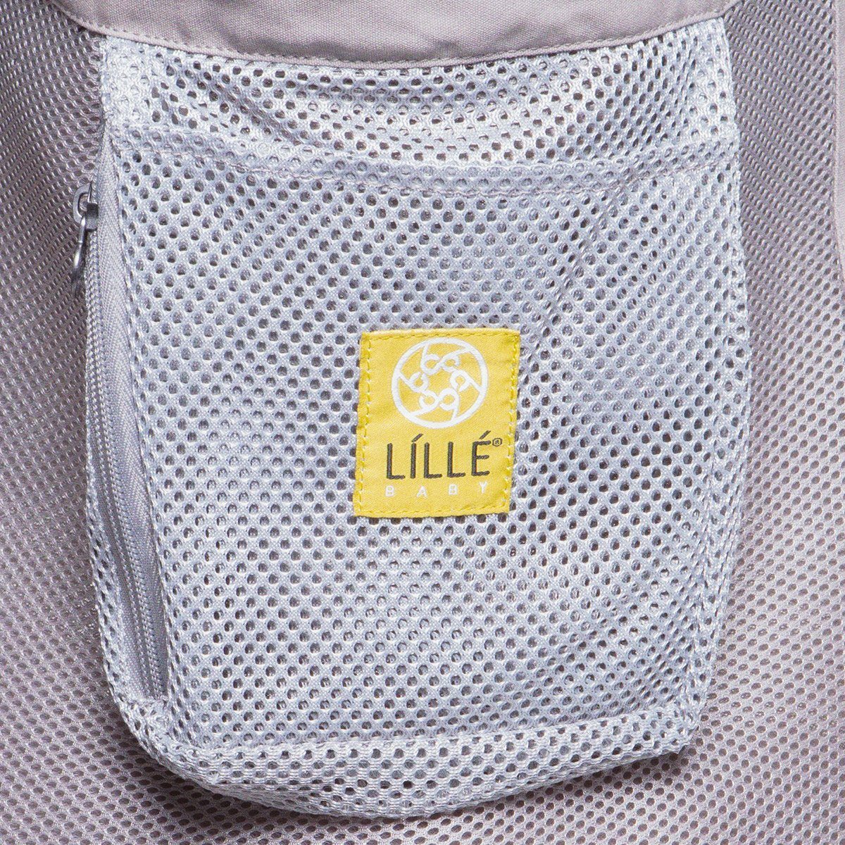 close up image of lillebaby carryon airflow baby carrier in mist