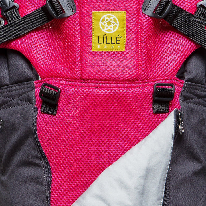 close up of lillebaby complete all seasons baby carrier in charcoal berry