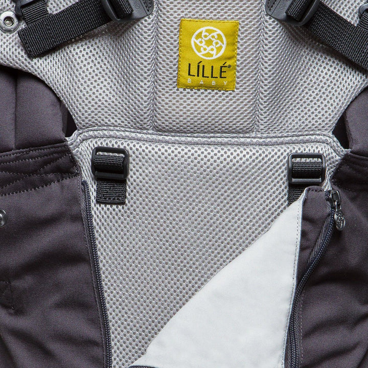 close up of lillebaby complete all seasons baby carrier in charcoal silver