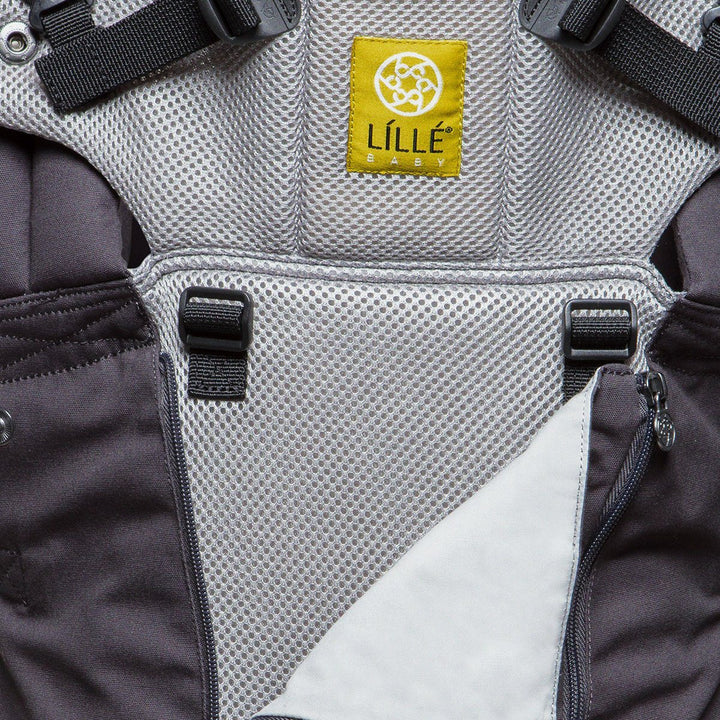 close up of lillebaby complete all seasons baby carrier in charcoal silver