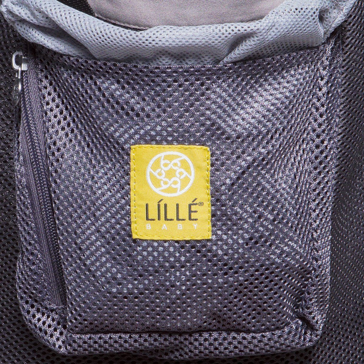 close up image of lillebaby carryon airflow baby carrier in charcoal silver