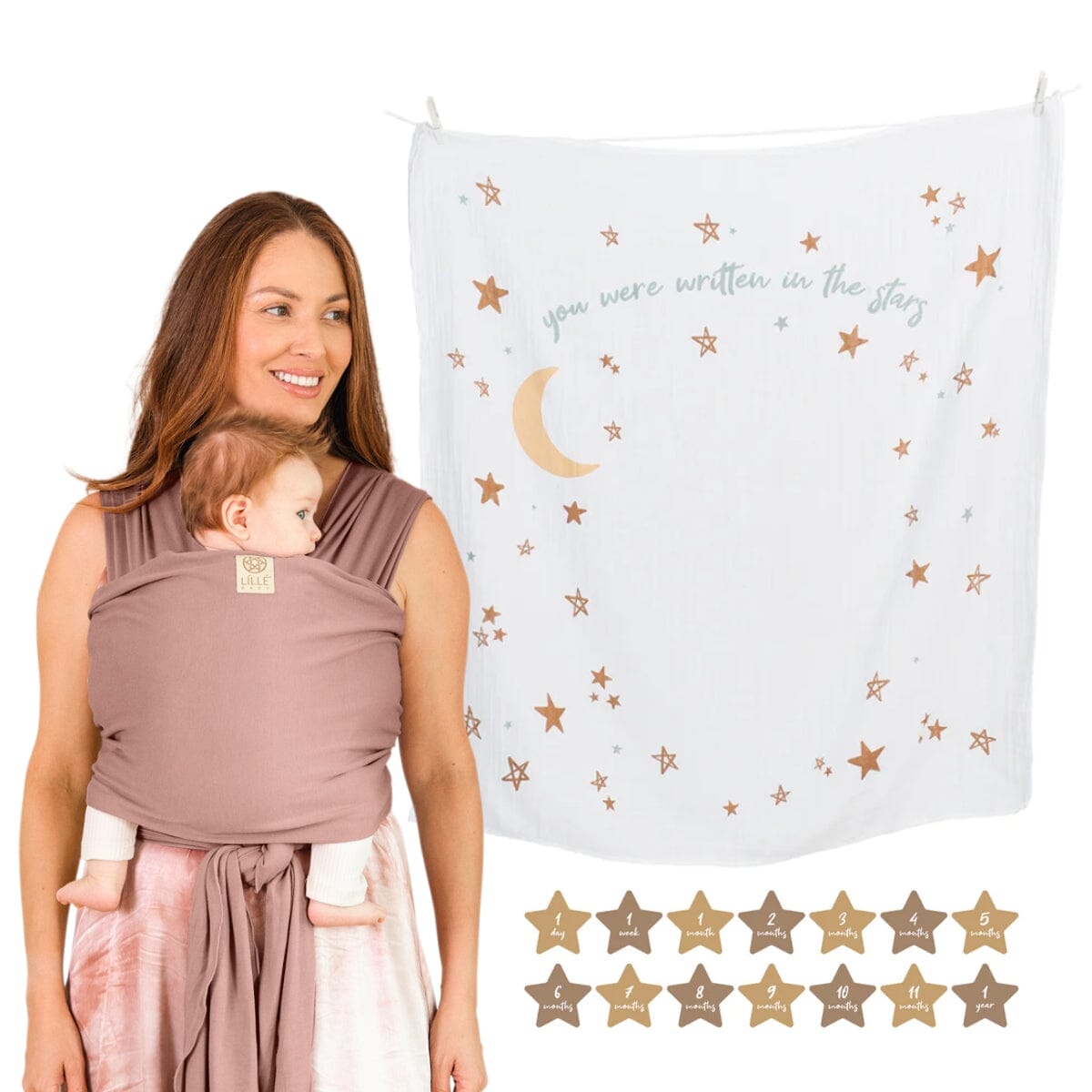 Bundle image of mom wearing baby in lillebaby's dragonfly wrap in vintage rose featuring the lulujo blanket in written in the stars as well as 14 time period tags