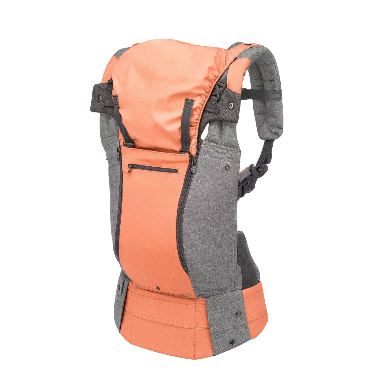 side profile image of lillebaby complete all seasons baby carrier in cool coral with hood up