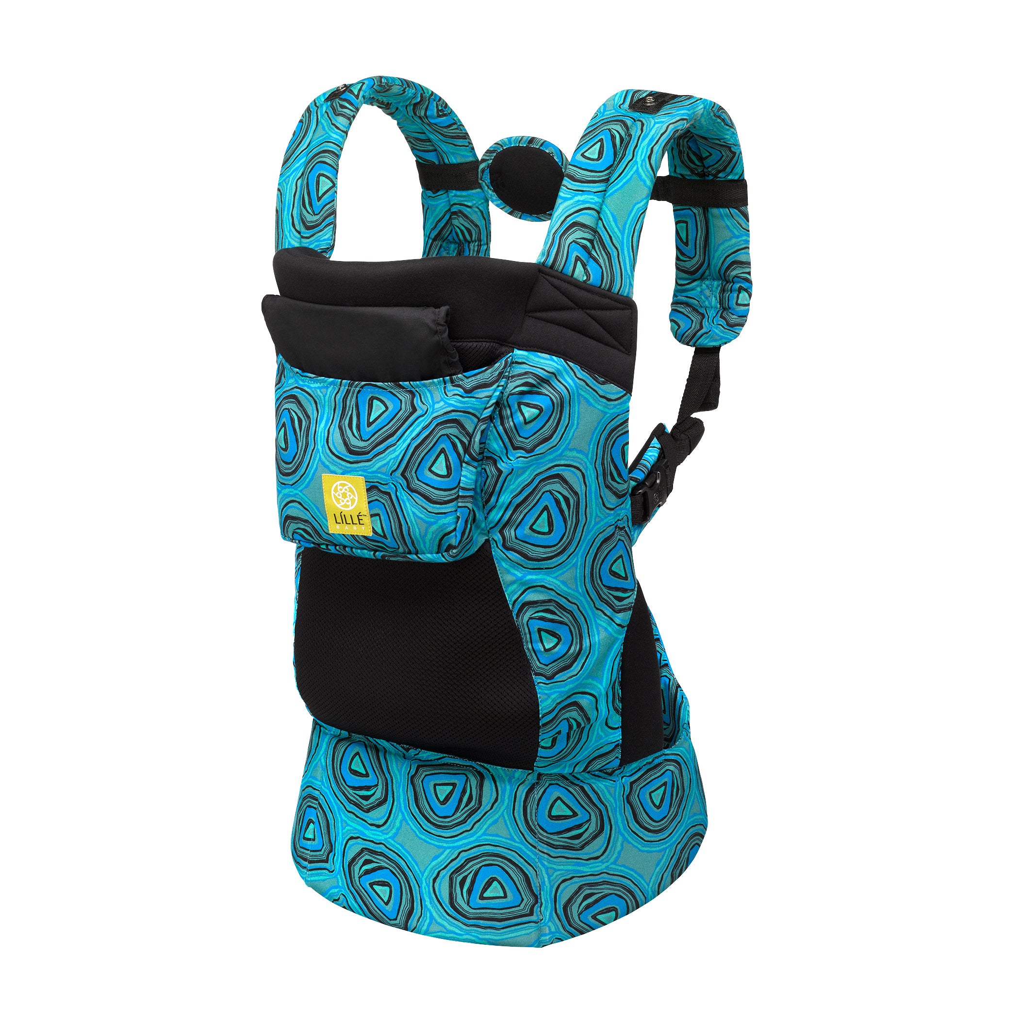 side profile of lillebaby carryon baby carrier in blue agate