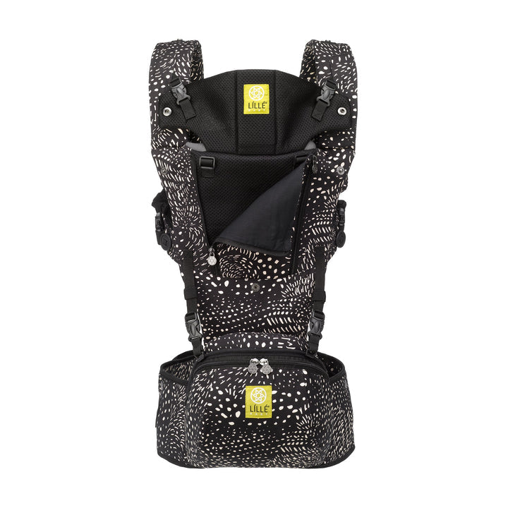 lillebaby seatme all seasons baby carrier in plume unbuttoned