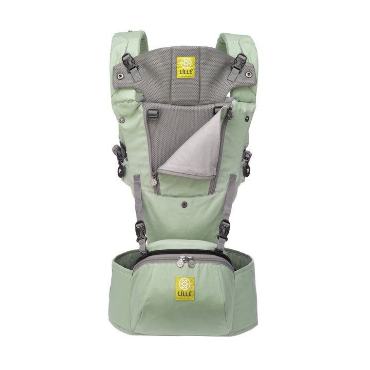 lillebaby seatme all seasons baby carrier in sage unbuttoned