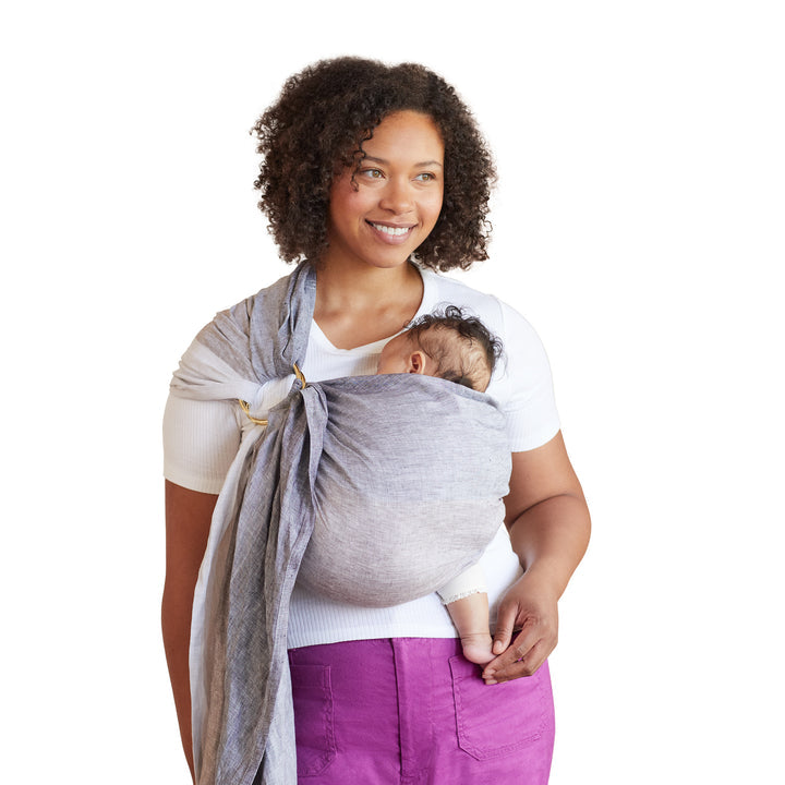 tummy to tummy position shown in ring sling mom wearing infant facing inward in ergonomic seat