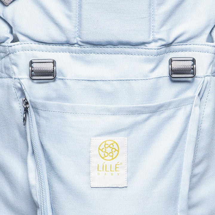 close up of lillebaby complete organi-touch baby carrier in powder blue