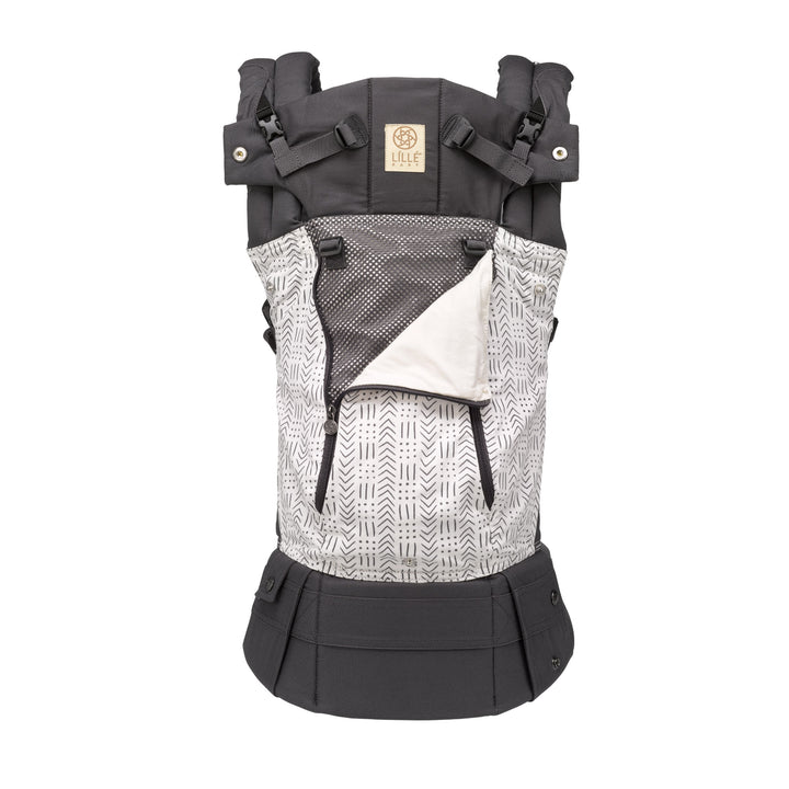 lillebaby complete all seasons baby carrier in etch with front flap zipped down
